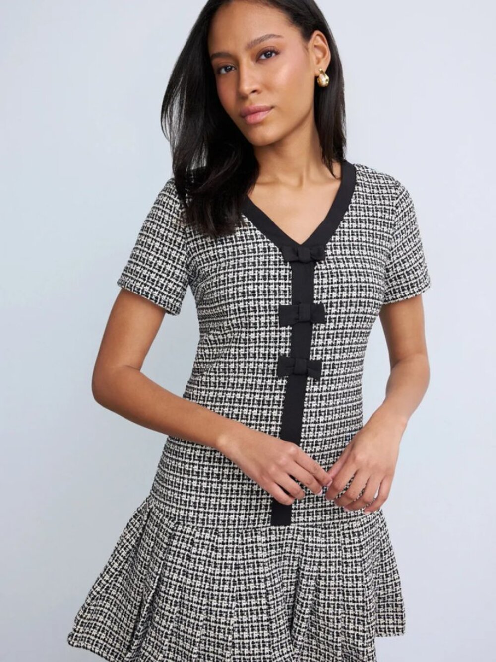 CeCe Tweed Black and White Pleated Combo Bow Dress NWT